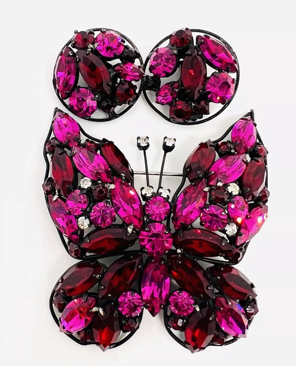 LaRoco Fuchsia & Red Rhinestone Butterfly Brooch Earrings Signed Vintage Jewelry