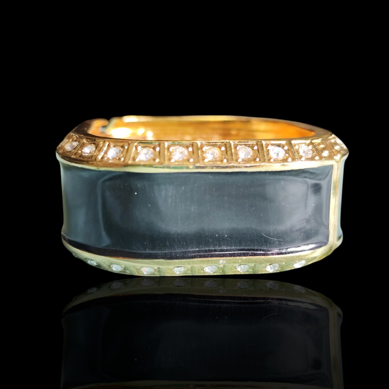 Vintage Wide Black Enamel Clear Glass Rhinestone Square Clamper Bangle Bracelet
