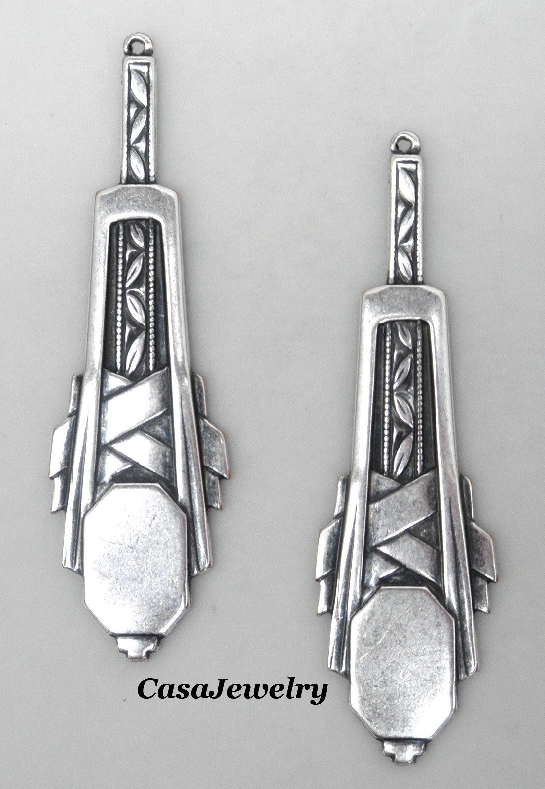 #0184 ANTIQUED STERLING SILVER PLATED ART DECO DROP W/TOP HANG RING – 2 Pc Lot