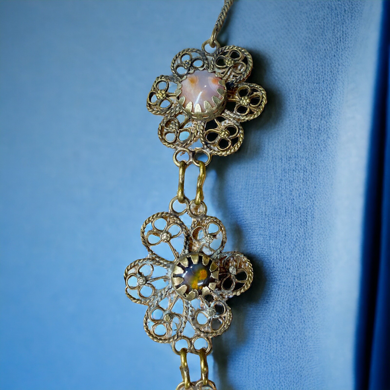Vintage Handmade German Silver Filigree Semi Precious Stones Statement Necklace