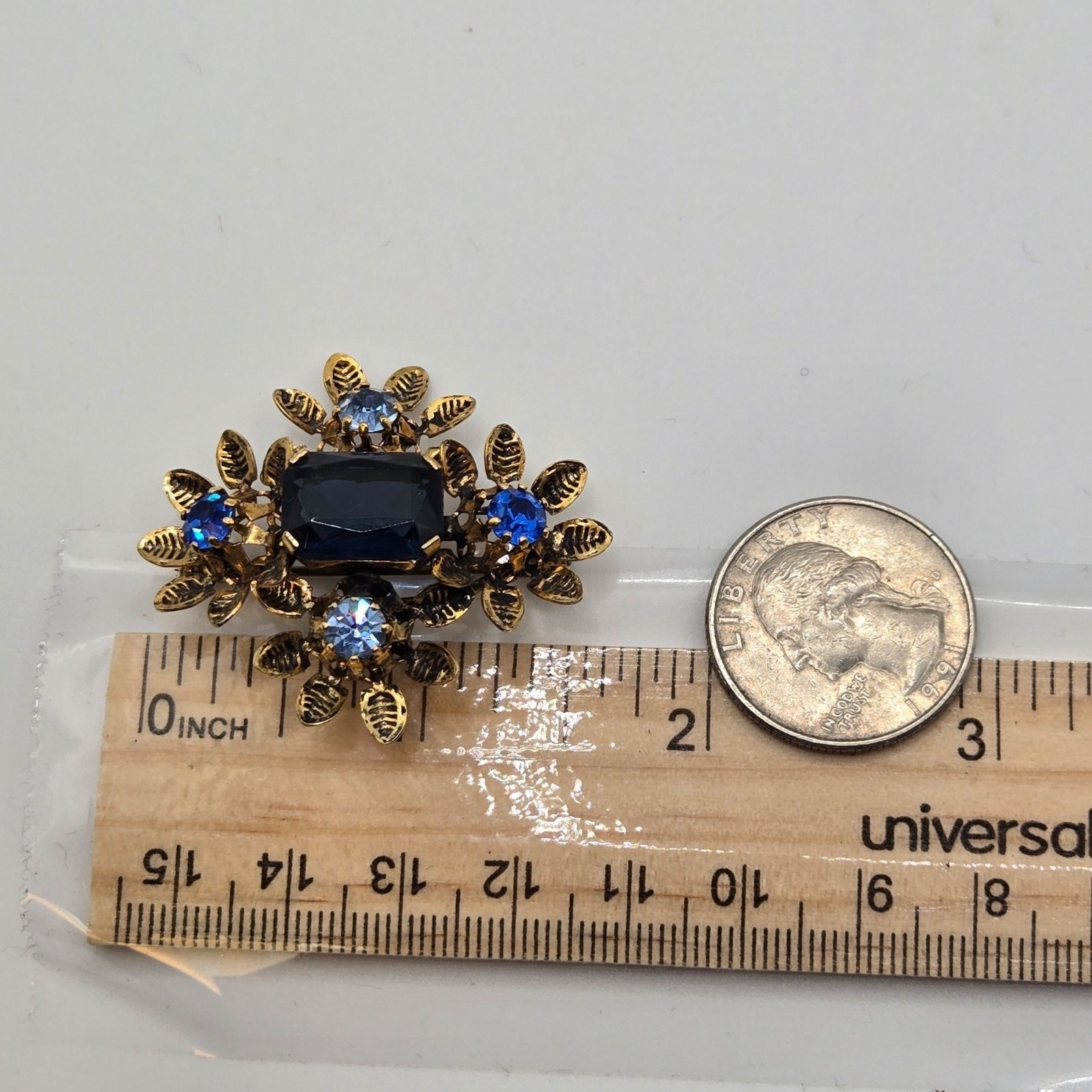 Vtg Austrian Crystal Rhinestone Brooch Blue Floral Victorian Revival Mid Century