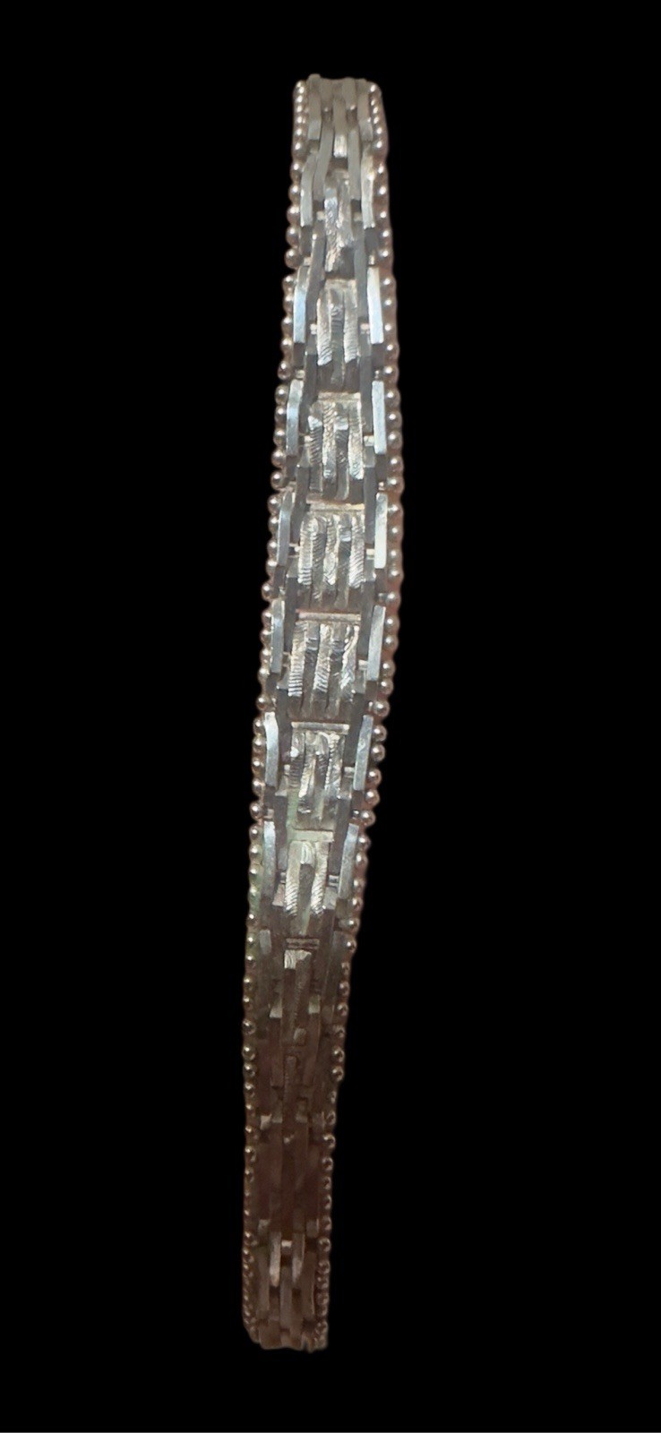 .925 Italian Sterling Tapered Panel Link Bracelet With Beaded Edge 8” VTG BIB