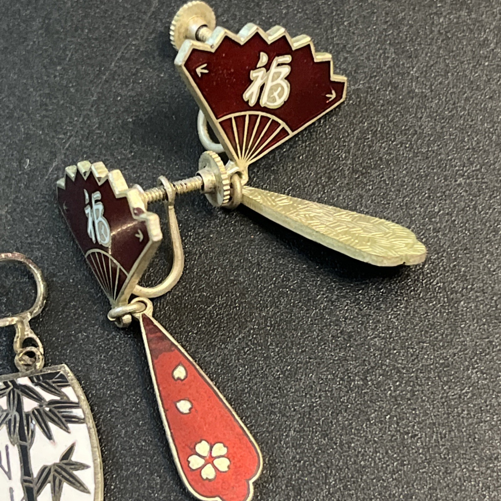 4 Vtg Chinese Symbol Fan Bamboo Enamel Clip Screw Back Earrings Asian Japan Lot