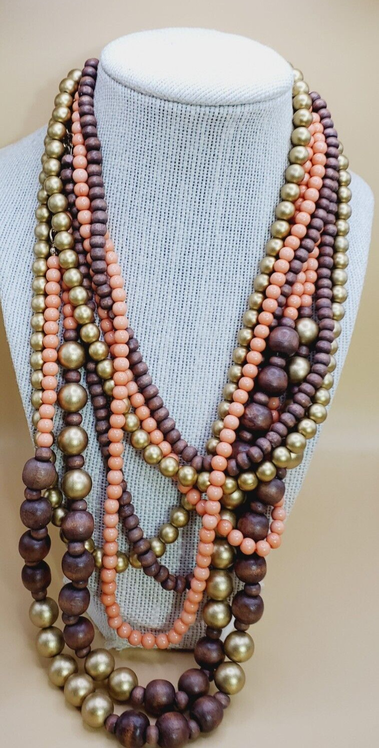 VTG Multi Strand Peach, Brown and Gold Wood and Plastic Beaded Necklace 17″ woo1