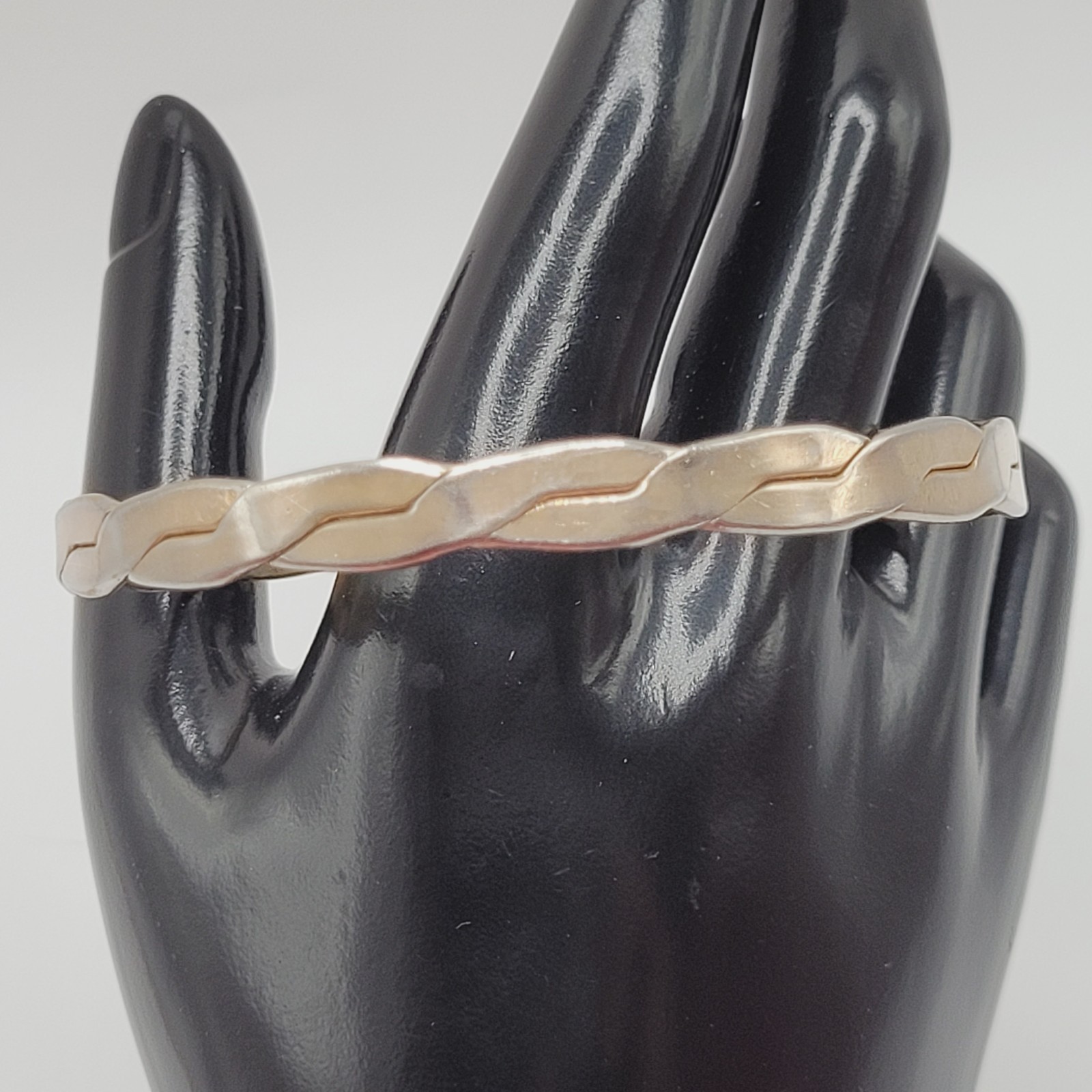 Vintage Mexico Metal Flat Braid Worn Silver Tone Brass Bangle Bracelet 8 Inch