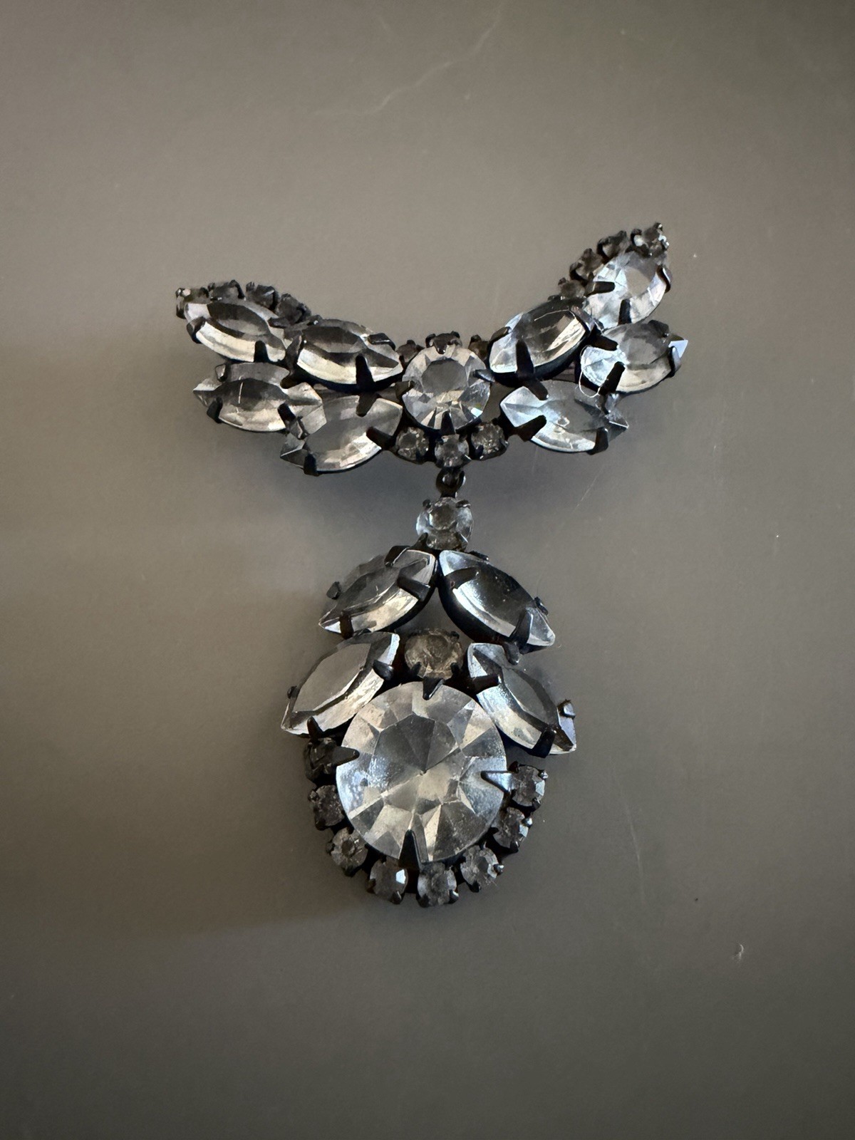 Vintage Rhinestone Gun Metal Pendant Drop Brooch 1.5” X 2”