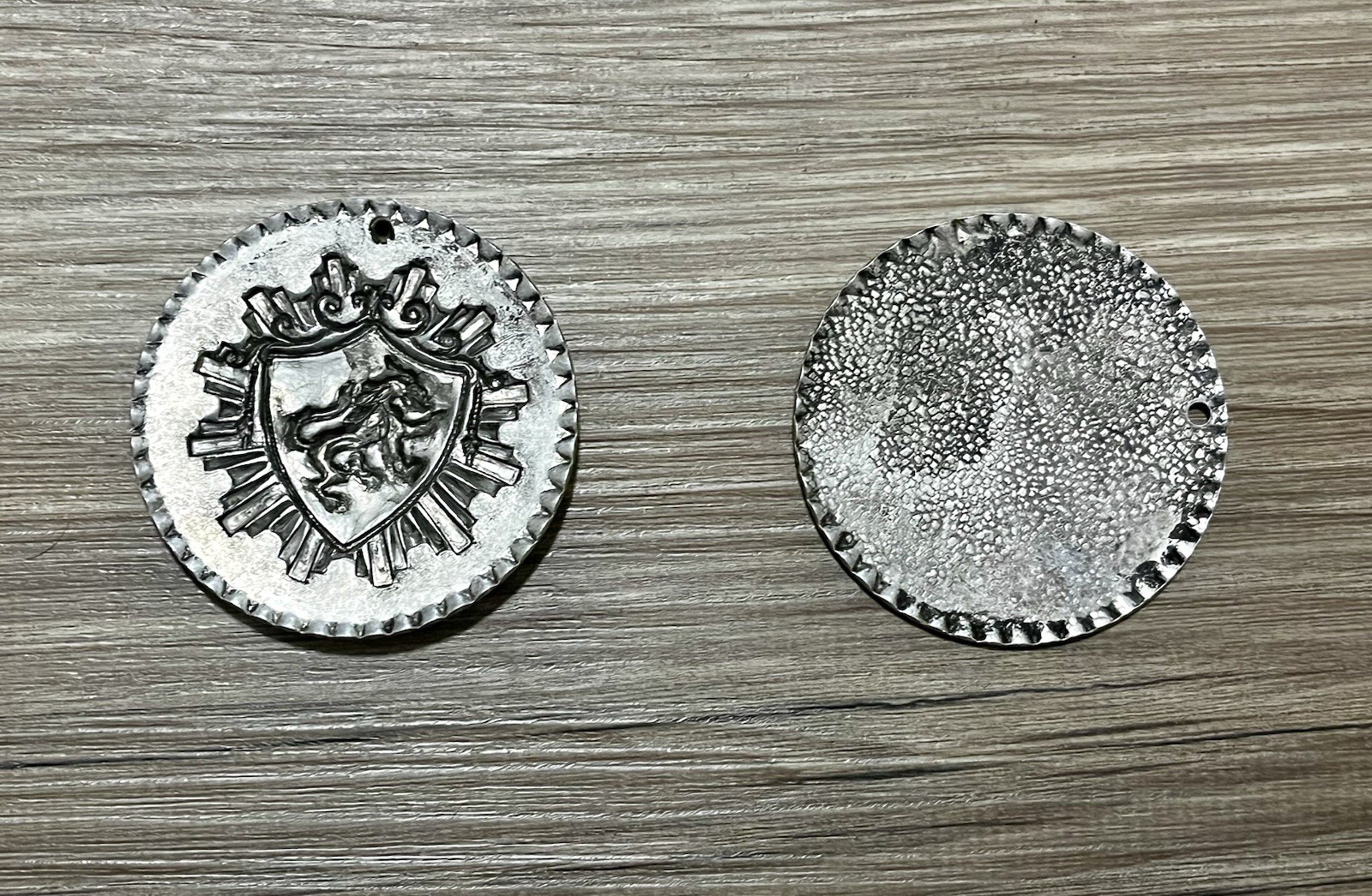 Vintage Aluminum Pendant Necklace Pair Rampant Lion Hammered Jewelry