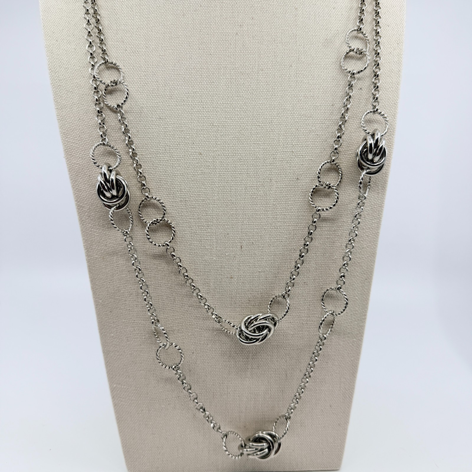 Vintage Silver Tone Long Layered Chain Necklace Textured Love Knot Station Boho