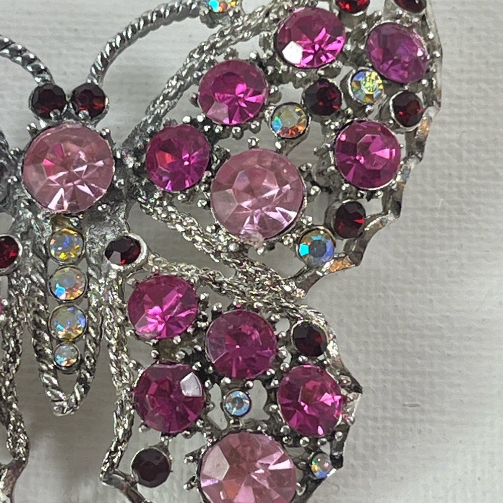 Elegant Pink Butterfly Brooch Pin Multi-colored Rhinestones Approximately 2” Vtg