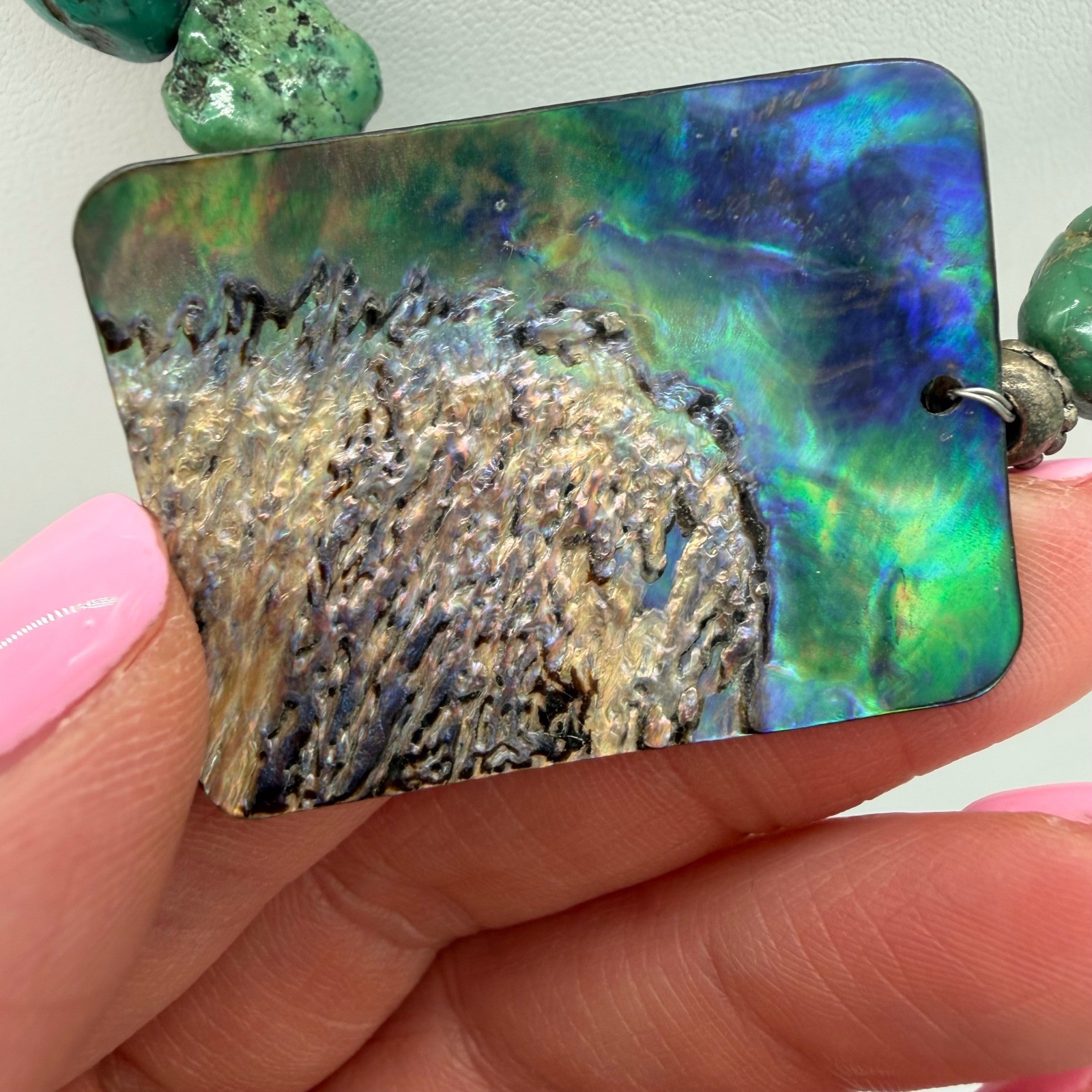 Vintage Turquoise Nugget Statement Necklace Abalone Pendant