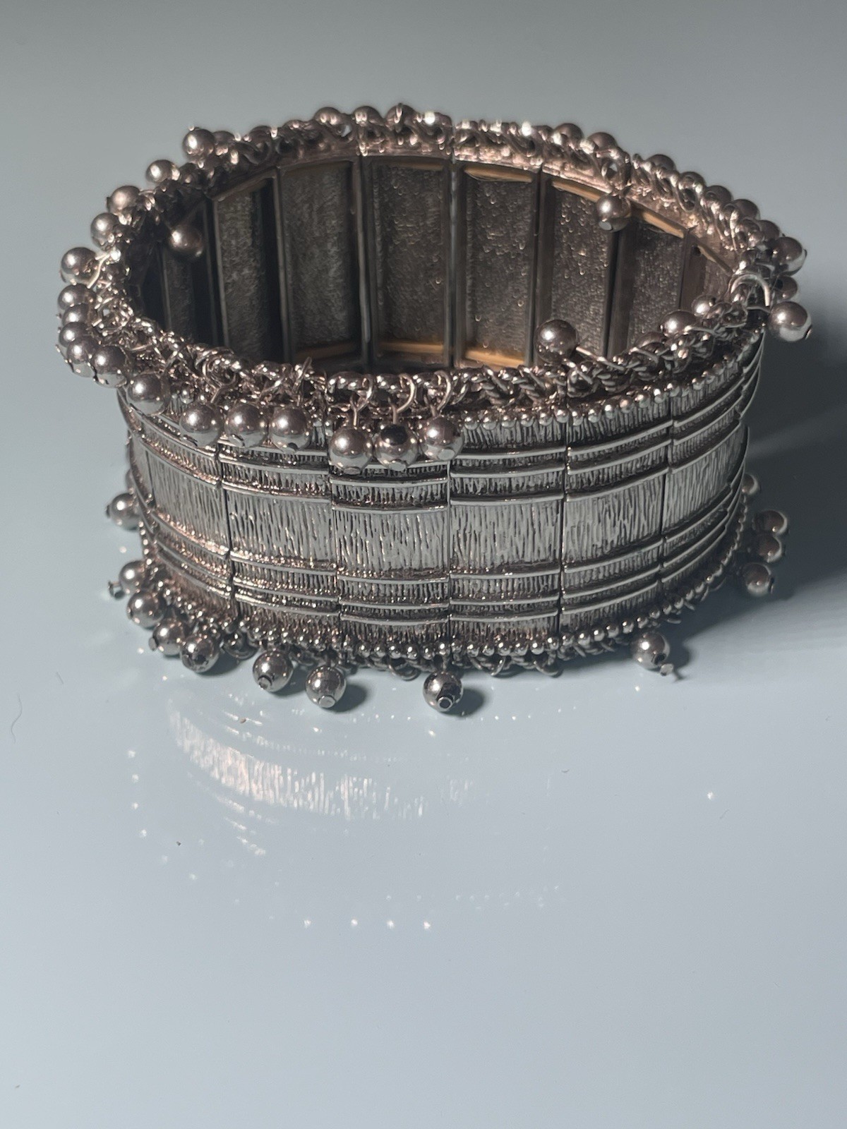 Vintage Silver Tone Stretch Cuff Bracelet Dangle Bead Fringe Boho gypsy jingle
