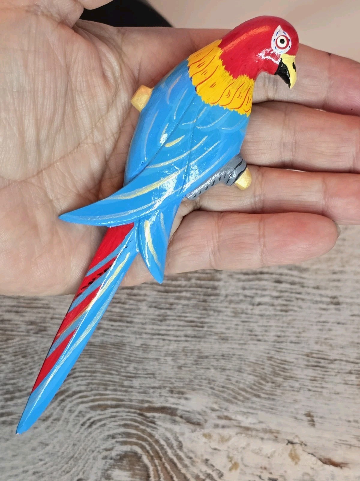 Vintage Hand Painted Wooden Parrot Brooch Colorful Tropical Bird Statement Pin