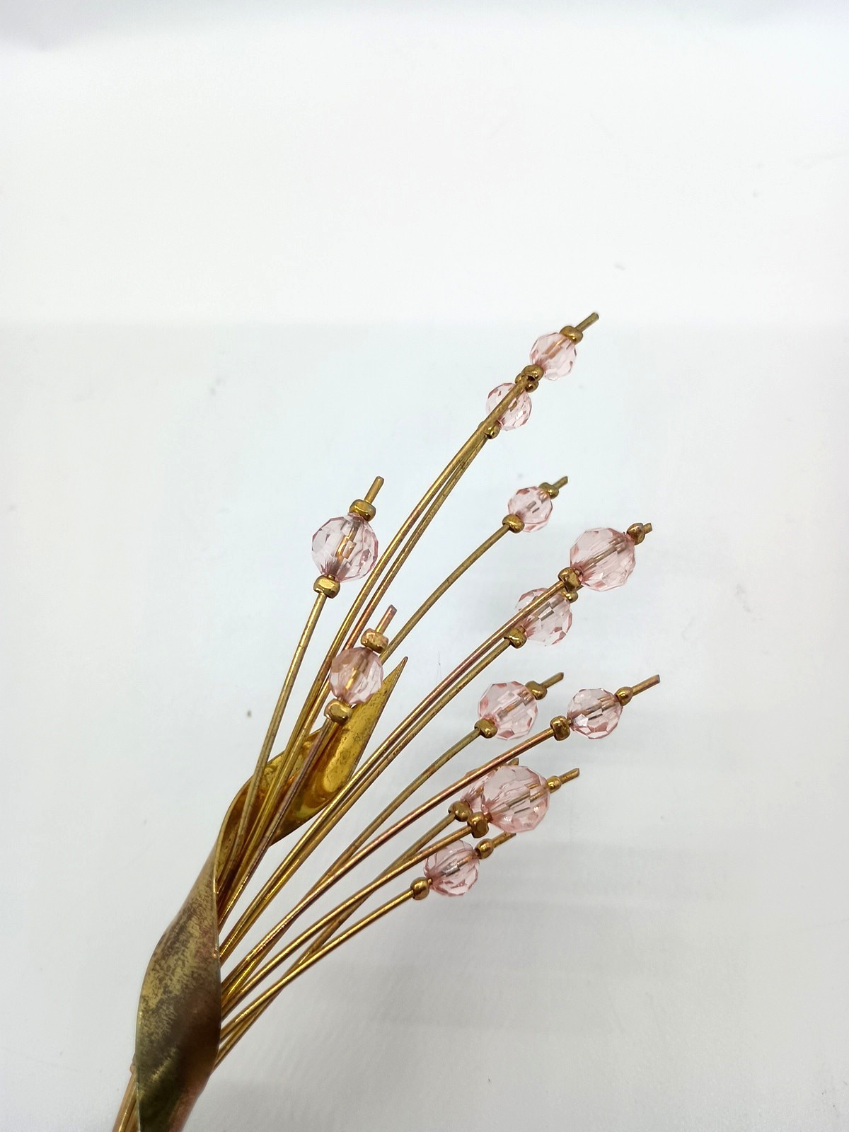 Vintage Gold Tone Brooch Pink Crystal Bead Spray Cattail VGC Retro