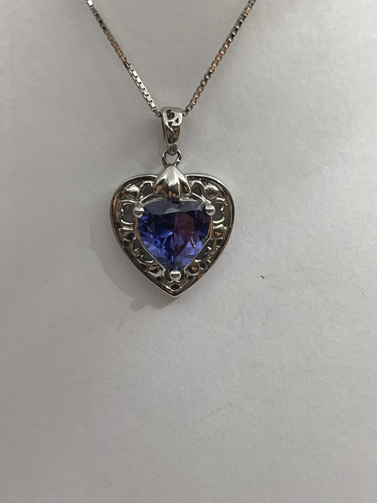 Vintage Bluish Purple Heart Shaped Stone on Sterling Heart Pendant Necklace 17”