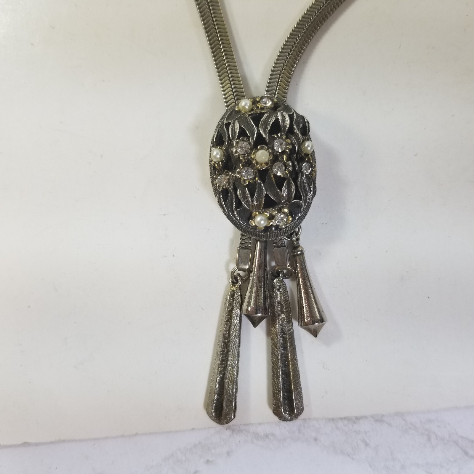 Vintage Silver Tone Rhinestone Oval Slide Pendant Necklace Lariat Bolo