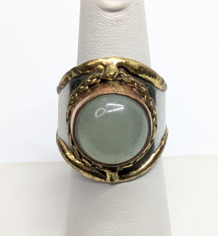 VTG Brass Copper Silver Tone Green Nephrite Statement Ring Sz 7 Adjustable Boho