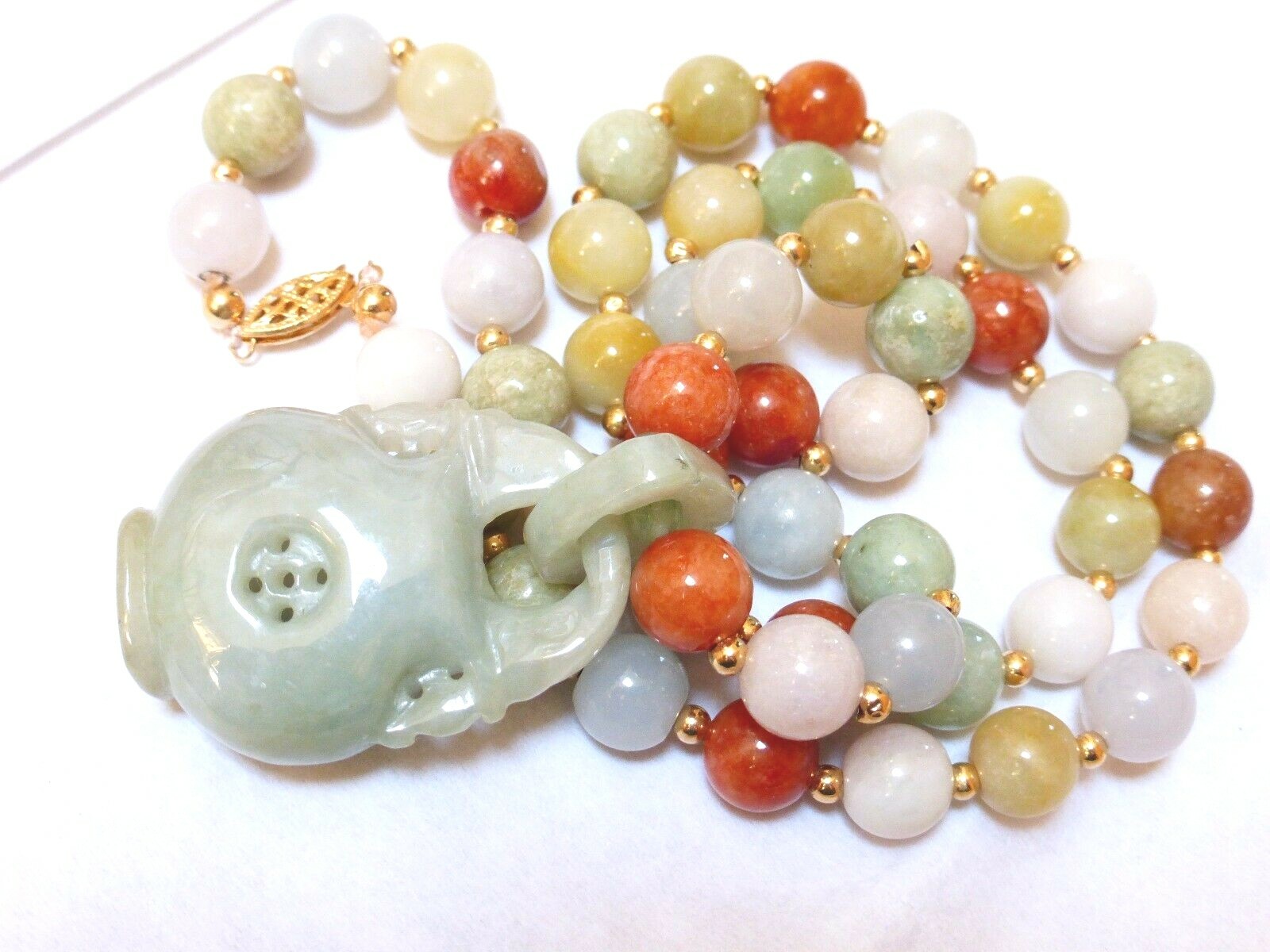 Vintage Chinese 14K GOLD Multi-Color Jade 9mm Beads Necklace Pendant, 22″