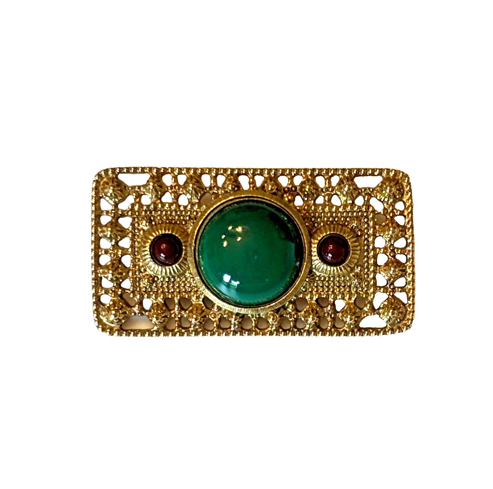 VTG Victorian Etruscan Revival Brooch Green Burgundy Cabochons GoldTone Filigree