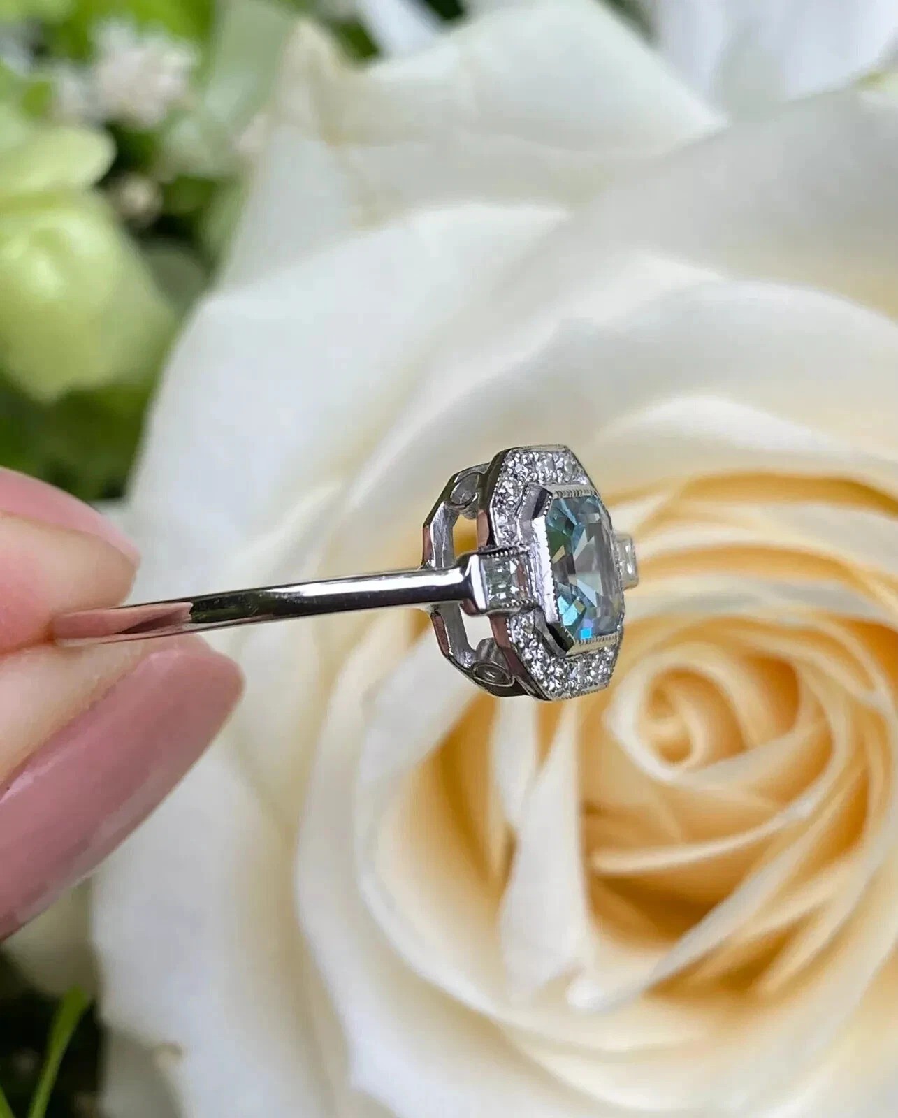 Art Deco 2.55Ct Aquamarine Lab Created Diamond Engagement 14K White Gold FN Ring