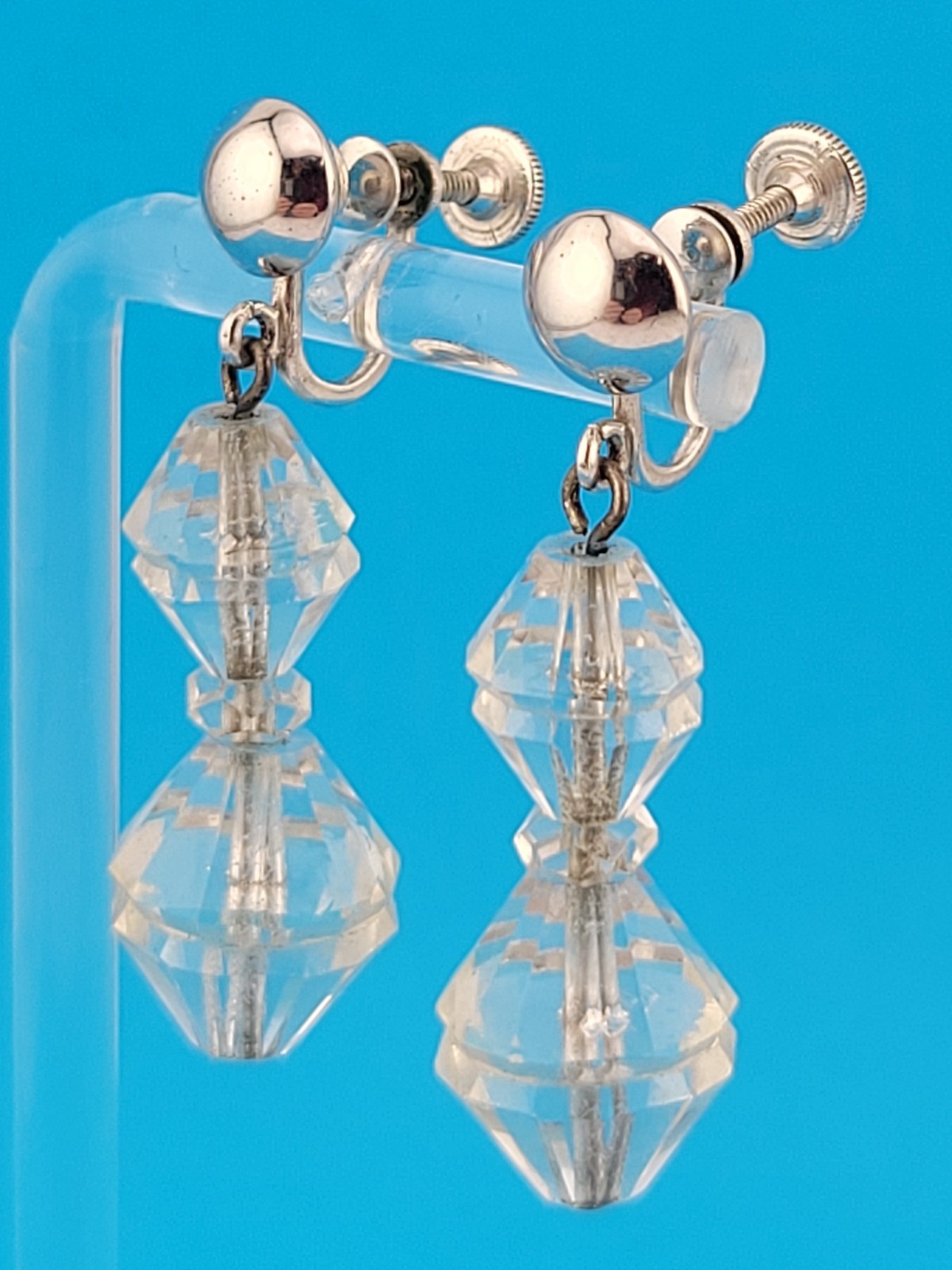 Signed BB Faceted Rock Quartz Crystal Bead Sterling Silver Chandelier Earrings