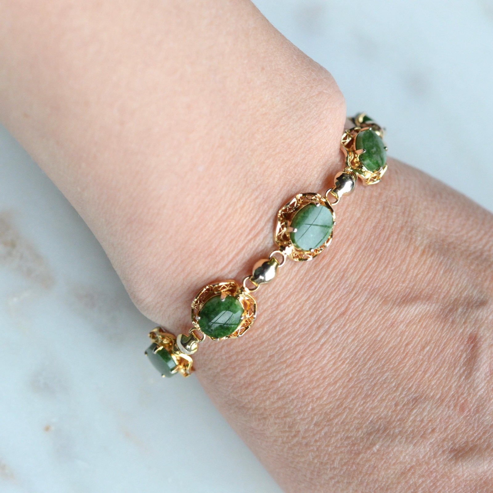 Vintage Alice Caviness Jade Bracelet | 12K Gold Filled Filigree Link | Signed