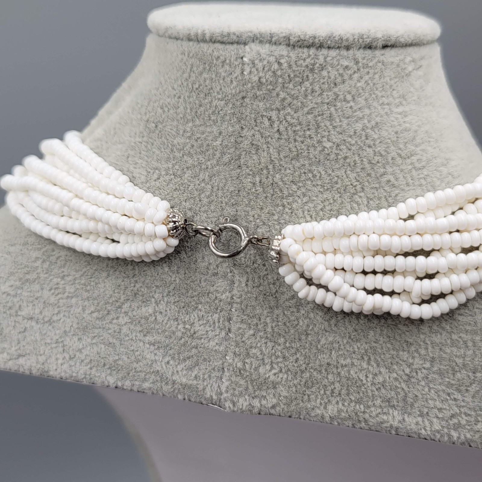 Vintage 10 Strand White Seed Bead Necklace Layered Statement 16 in