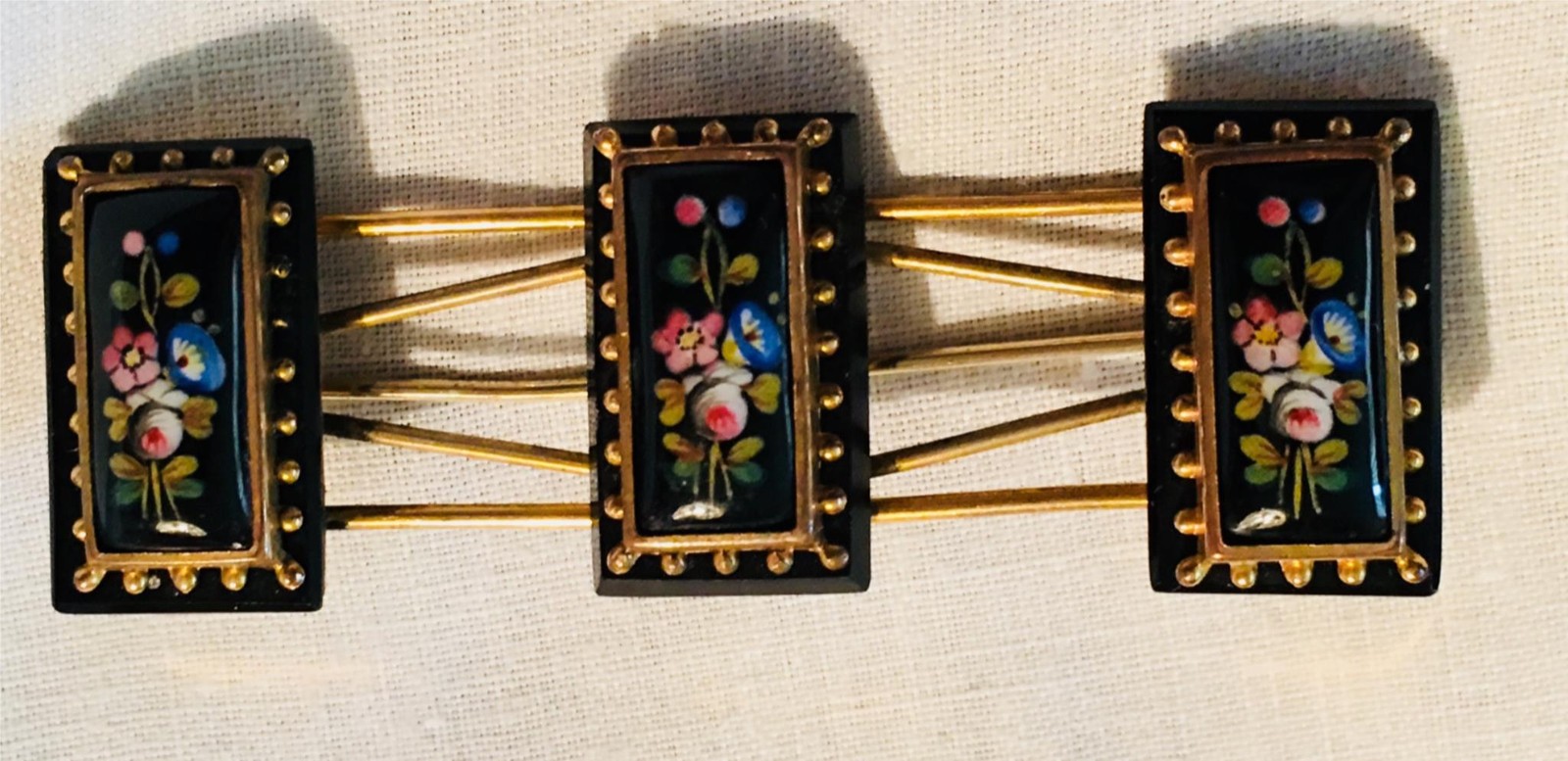 Victorian Hand Painted Onyx Rose Lily Gold Floral Large Brooch Pin