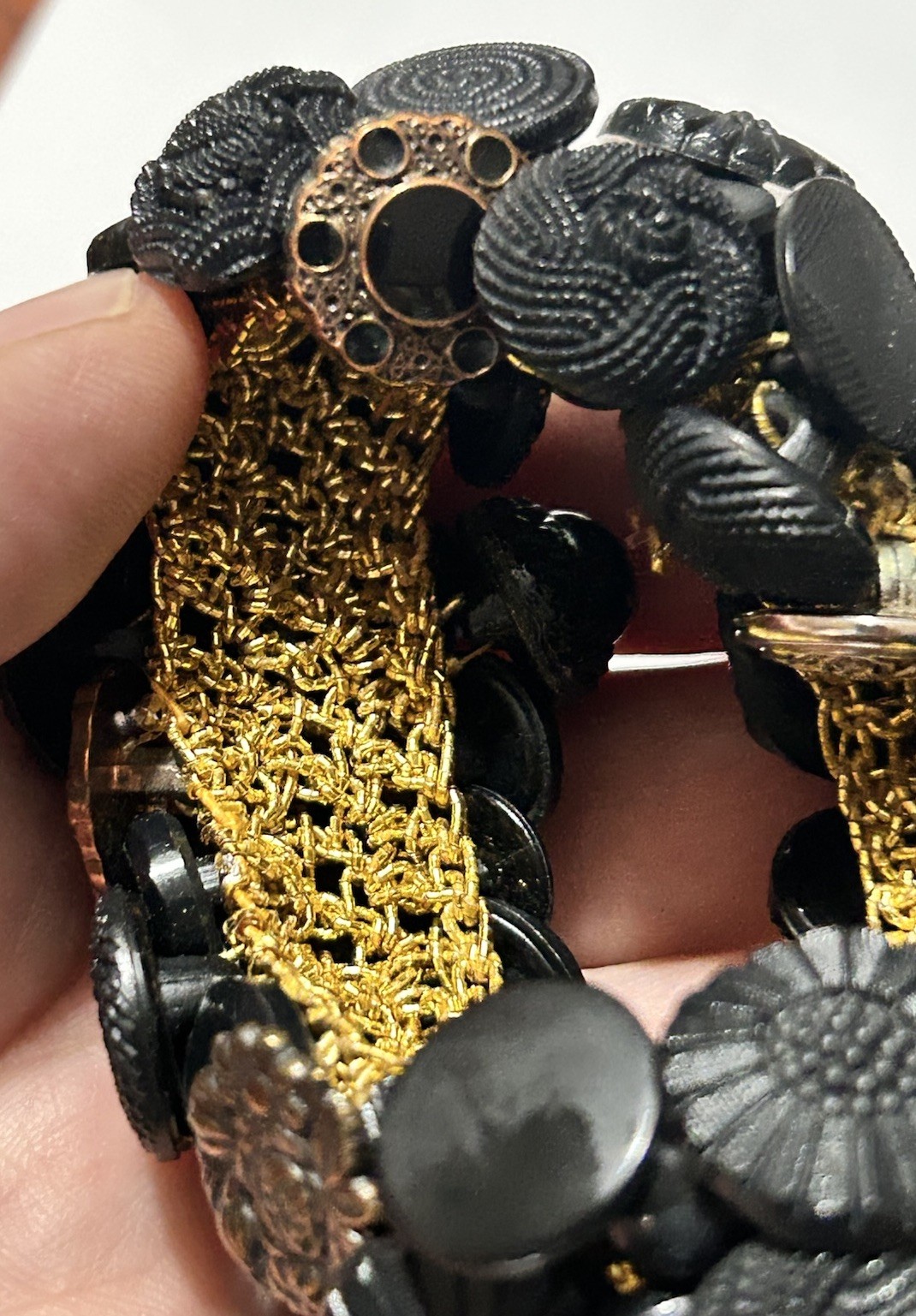 VTG 70s Mid-Century Buttons Treasure Bracelet Crochet Black/Gold Victorian Style