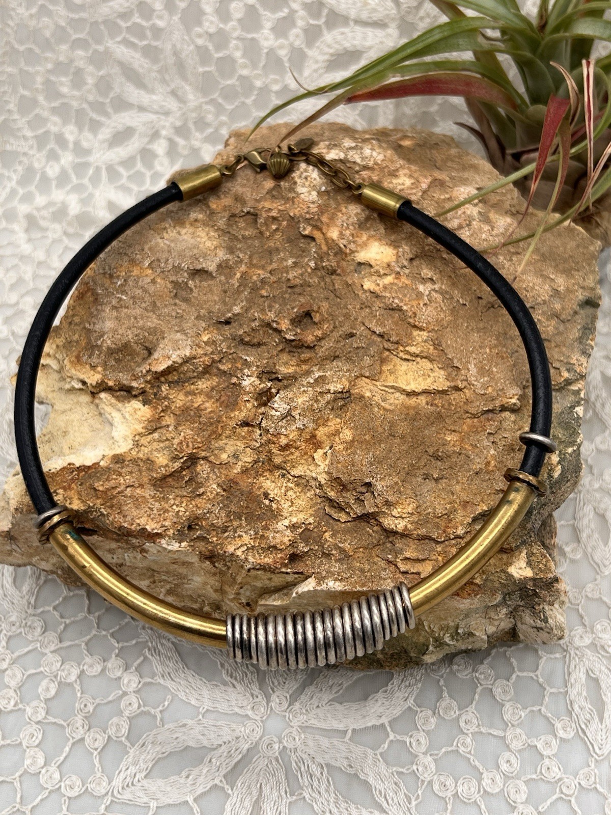 VTG Baer SF Necklace Leather Cord Gold Silver Tone Modernist Statement Jewelry