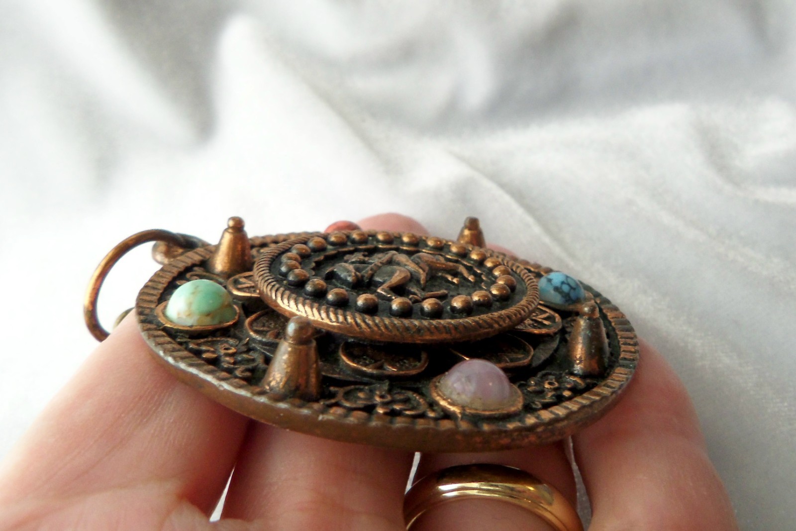 Vintage Copper Brass Faux Gemstone Knight Crest Shield Brooch Pendant Necklace