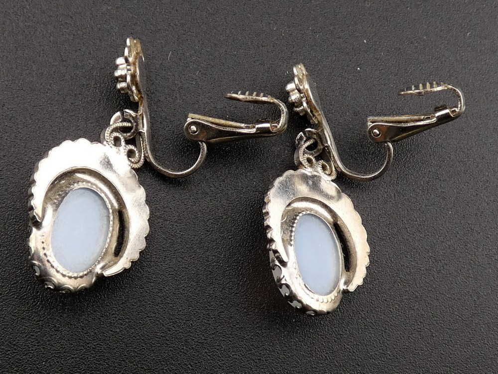 Vintage Glass Faux Moonstone Cabochon Brooch Pin and Clip On Earrings Set