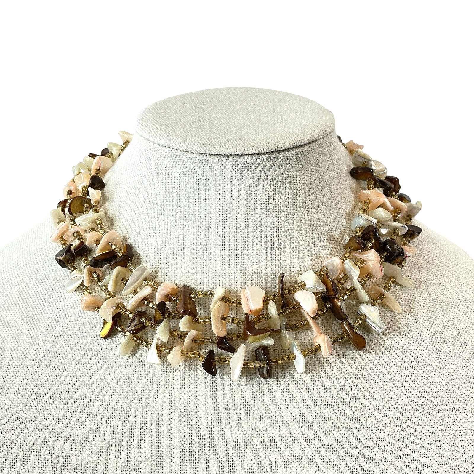 Vintage MOP Multi-Strand Mother of Pearl Necklace – Pink White Brown Lip Shell