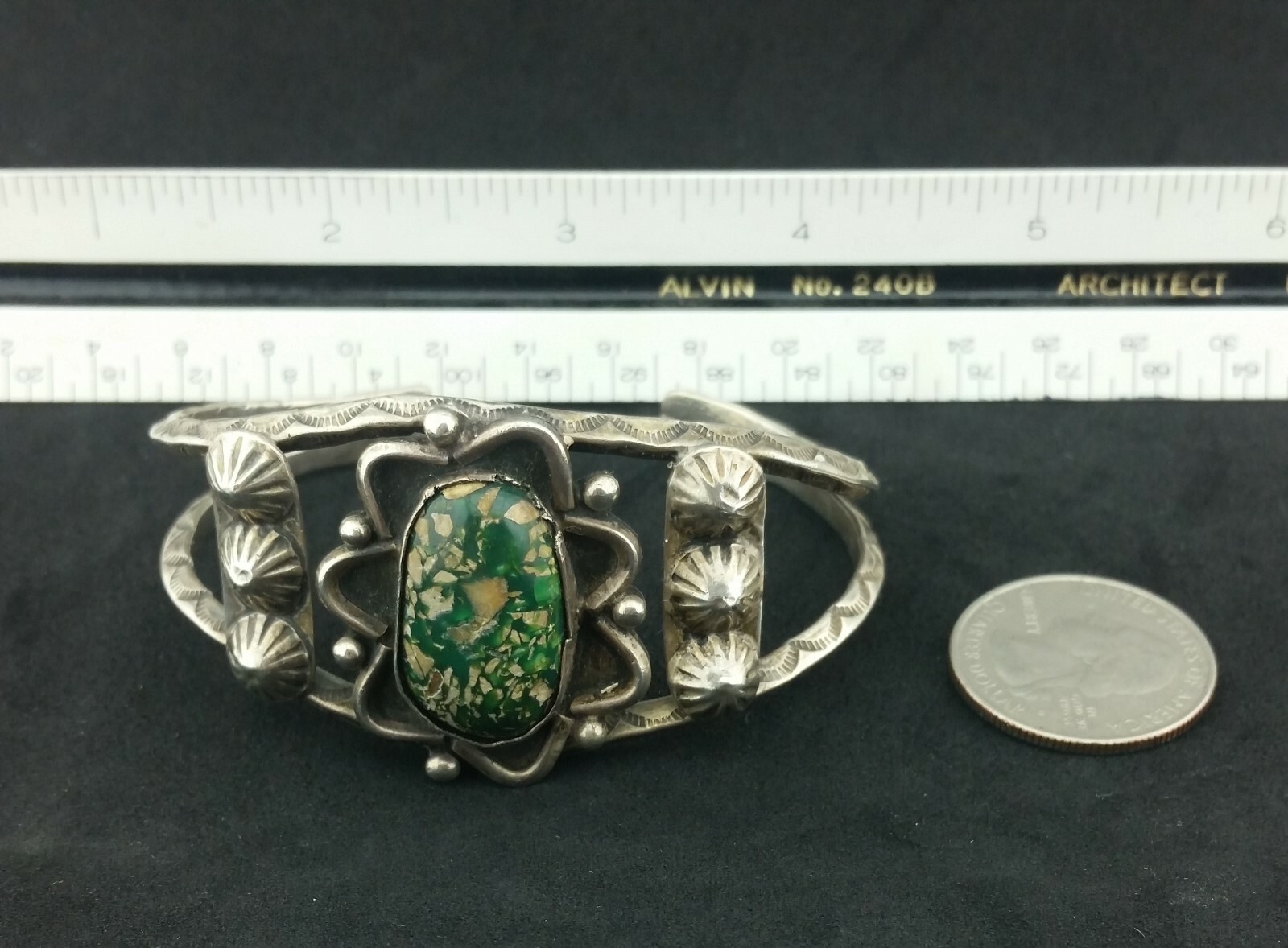 Vtg Damele Turquoise Sterling Silver Cuff Concho Bracelet Circa 1920s Sand Cast