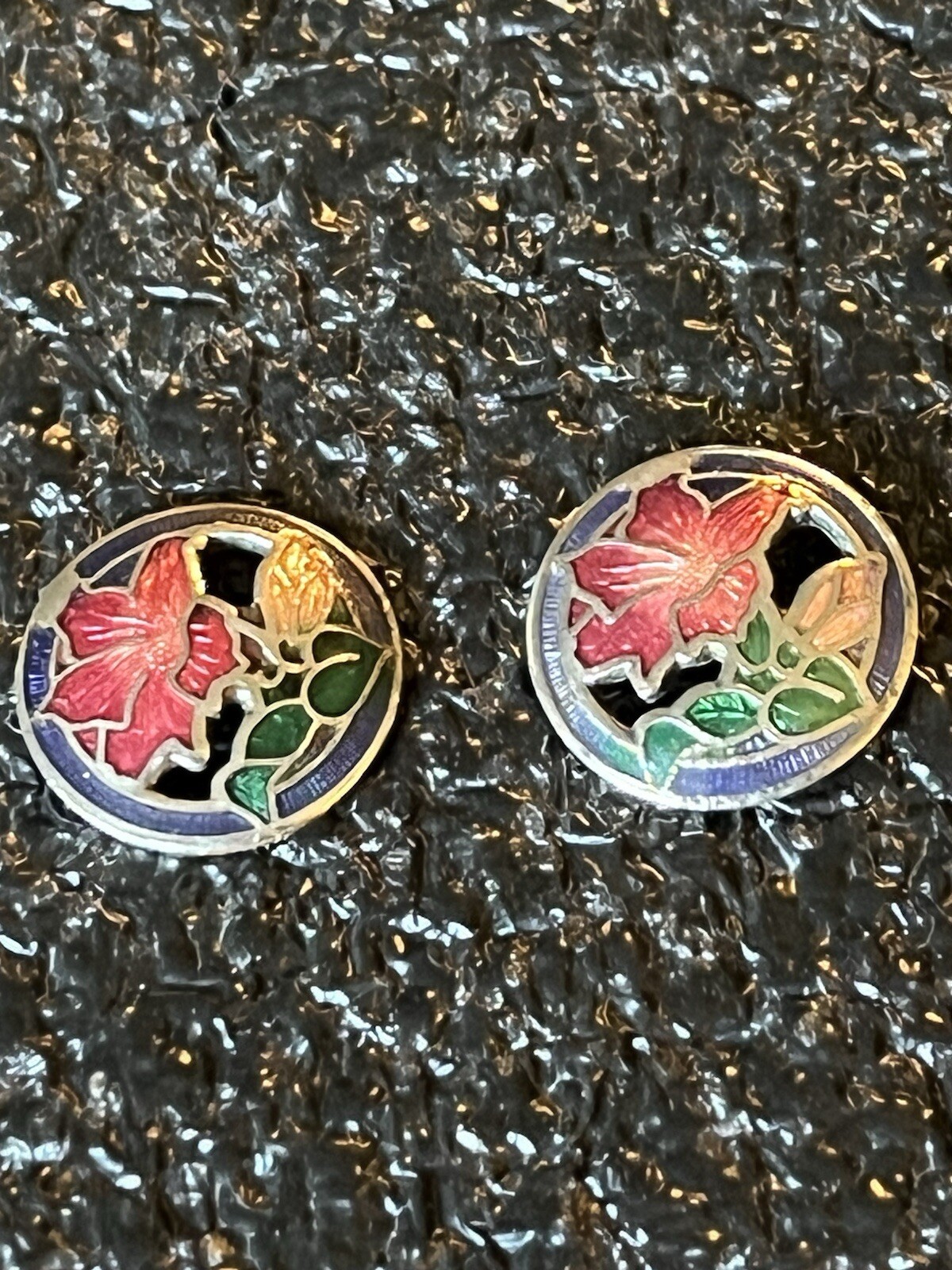 Pierced Earrings. Unknown Metal. Silver With Floral Inlay.