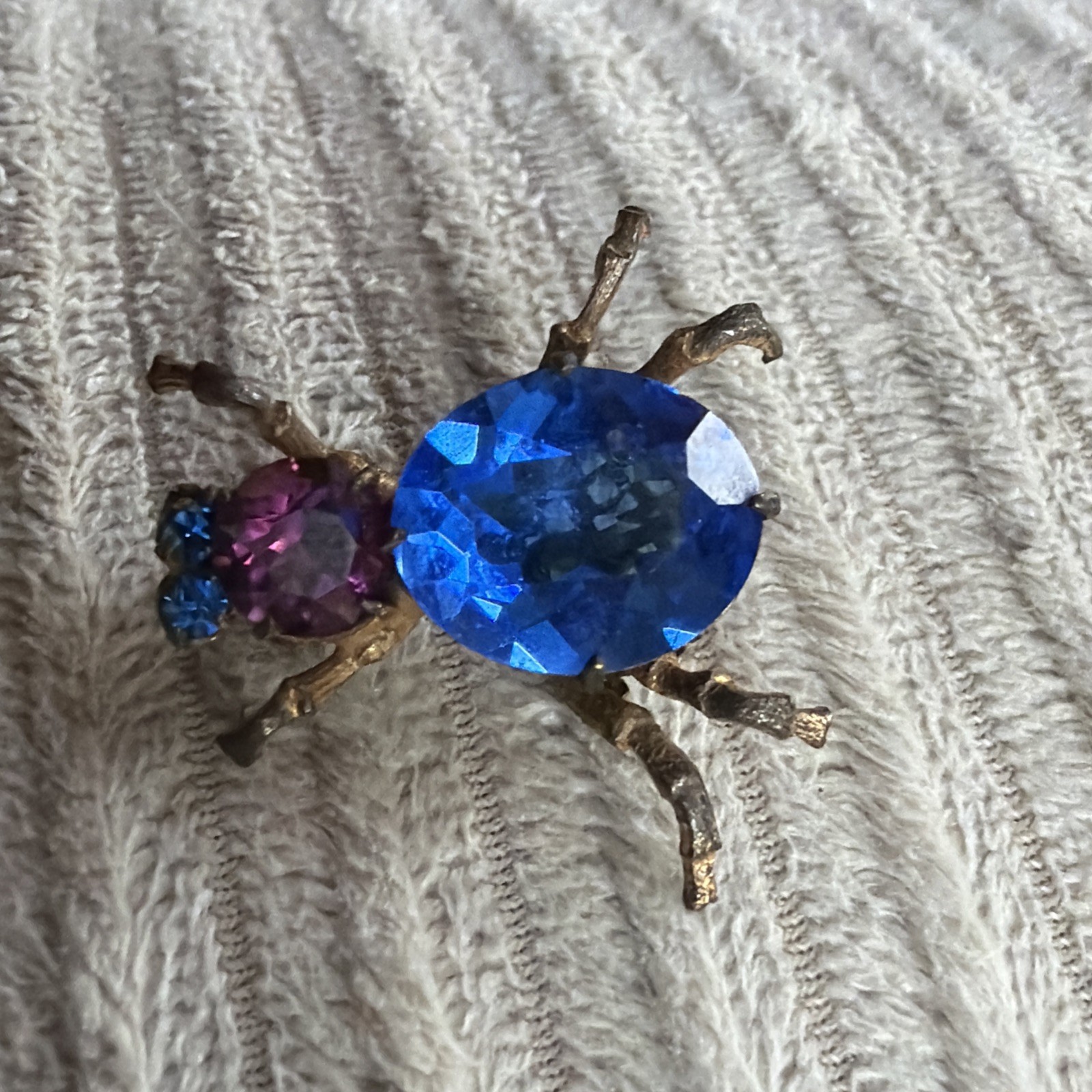 Antique Bug Insect Fly Brooch Pin Cobalt Blue Purple Rhinestones Brass Tones