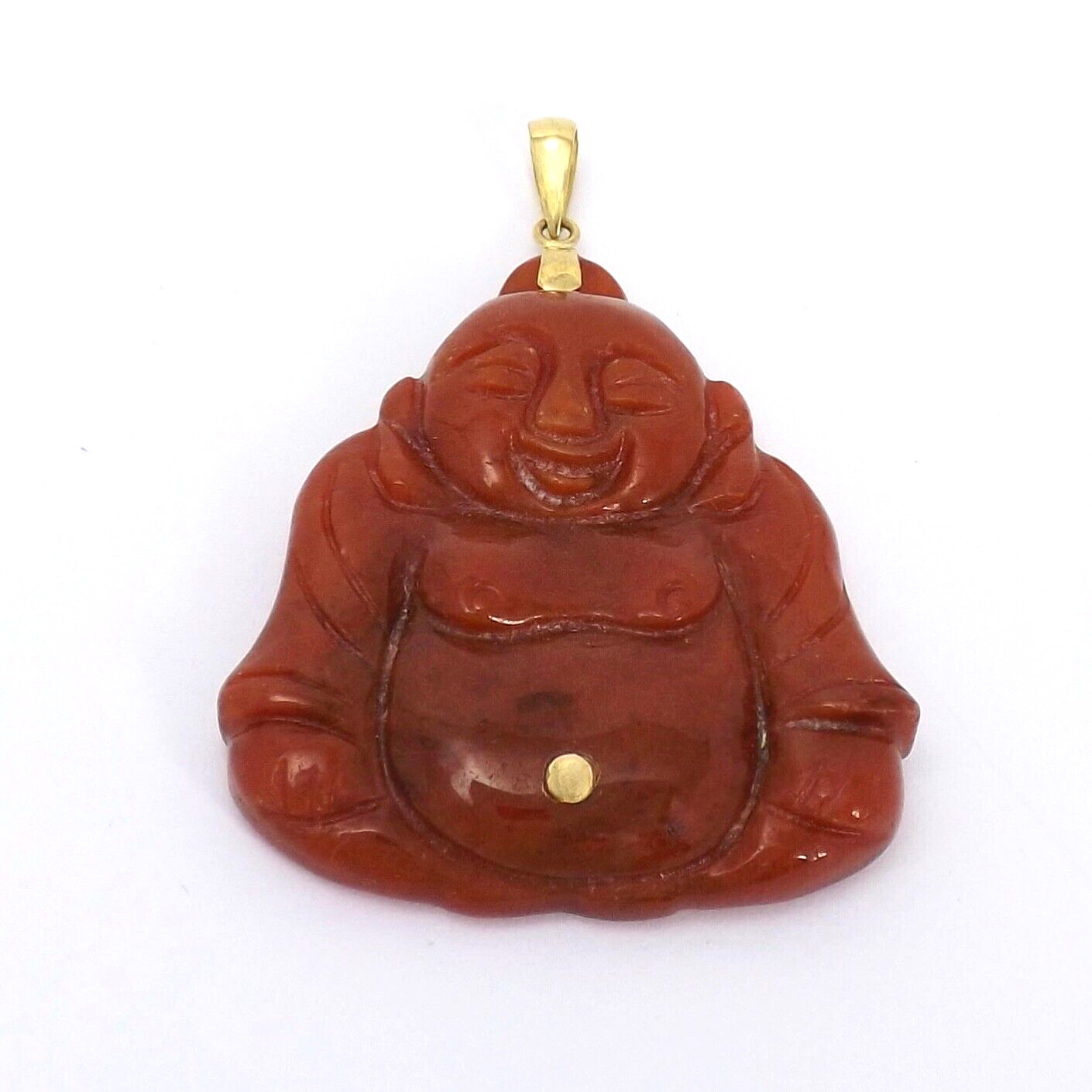 14k Gold Red Jade Laughing Happy Buddha Charm Pendant