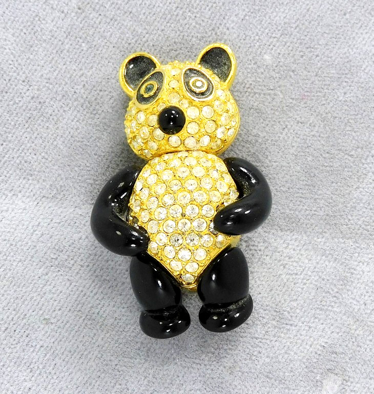 Joan Rivers Pave Crystal & Acrylic Articulated Panda Bear Brooch Costume Jewelry