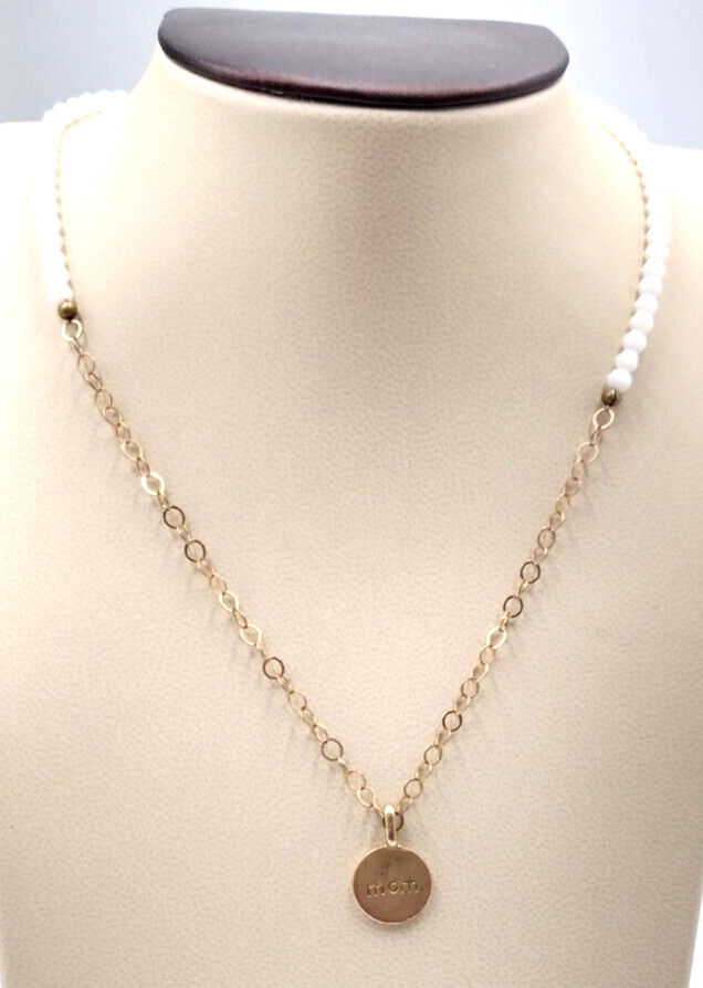 VTG 1970’s Gold Wash Verneil Over 925 Silver 18″ MOM Charm White Bead Necklace