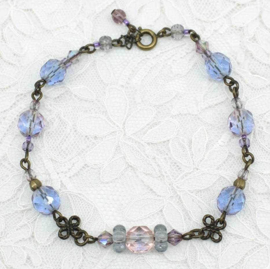 Blue Violete Pink Bead Bracelet Handmade Dark gold tone hardware dainty