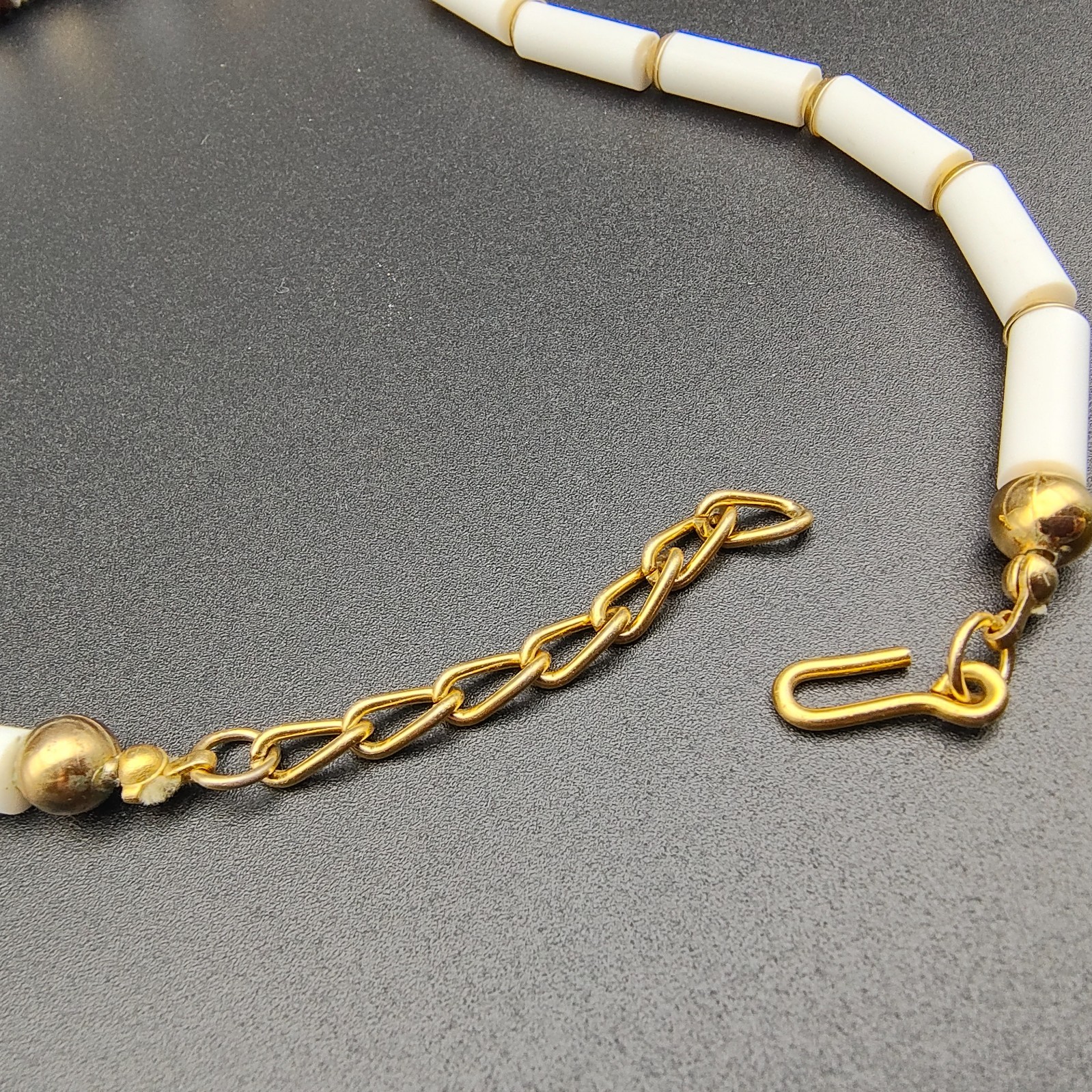 Vintage Boho Ethnic Beaded Statement Necklace White Brown Gold Tone Plastic 70s