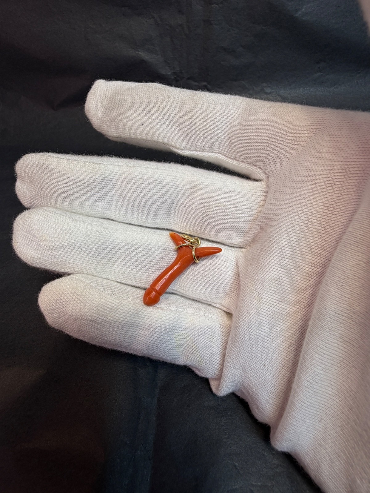 19c. Victorian 14k Gold Red Undyed Coral Phallus Fertility Amulet Fob Pendant