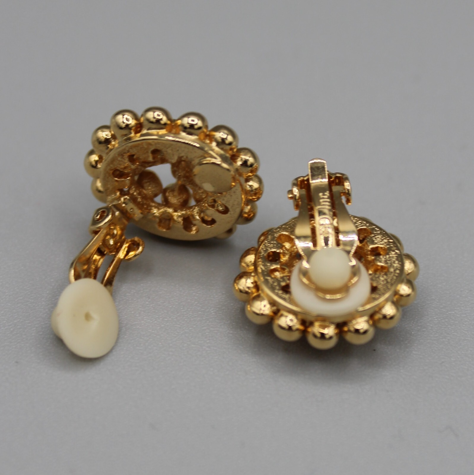 1980s Earrings Gold Tone Clip on 1950s Round F.O. Inc
