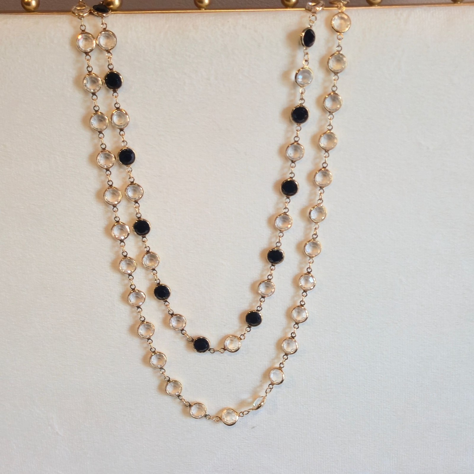 Vintage Swarovski Crystal Necklace Black & Clear Signed Gold Tone double strand