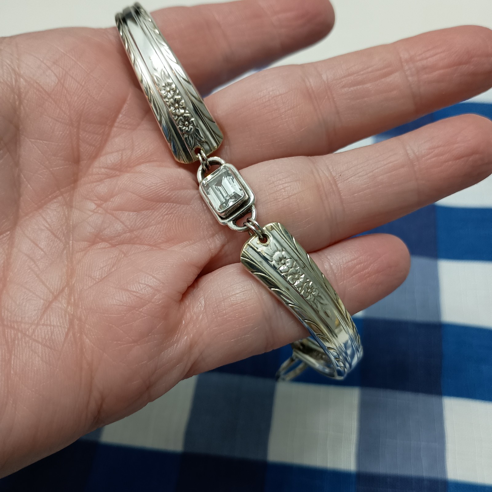 Vintage Holmes & Tuttle H&T Silverplate Spoon Bracelet Meadow Flower Clear Stone