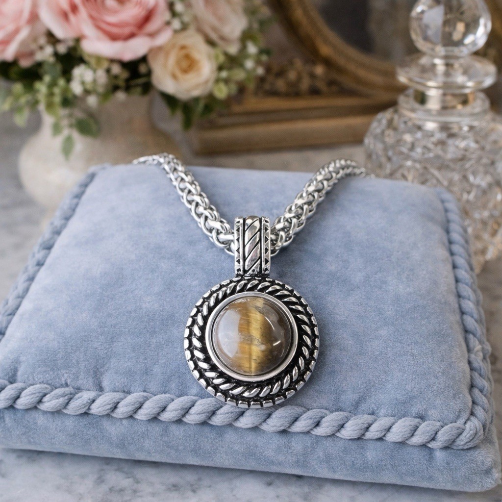 Vintage 18” Double Curb Chain Necklace – Brown Glass Cat’s Eye Pendant – 1990s
