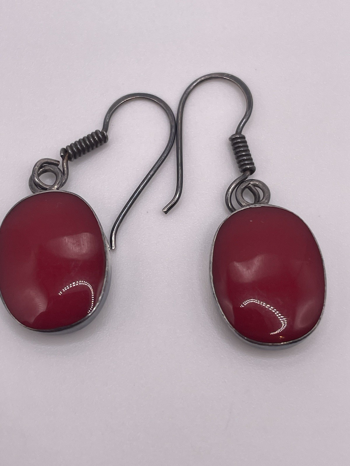 Vintage MEX 925 Sterling Silver Red Cabochon Dangle Earrings Mexico