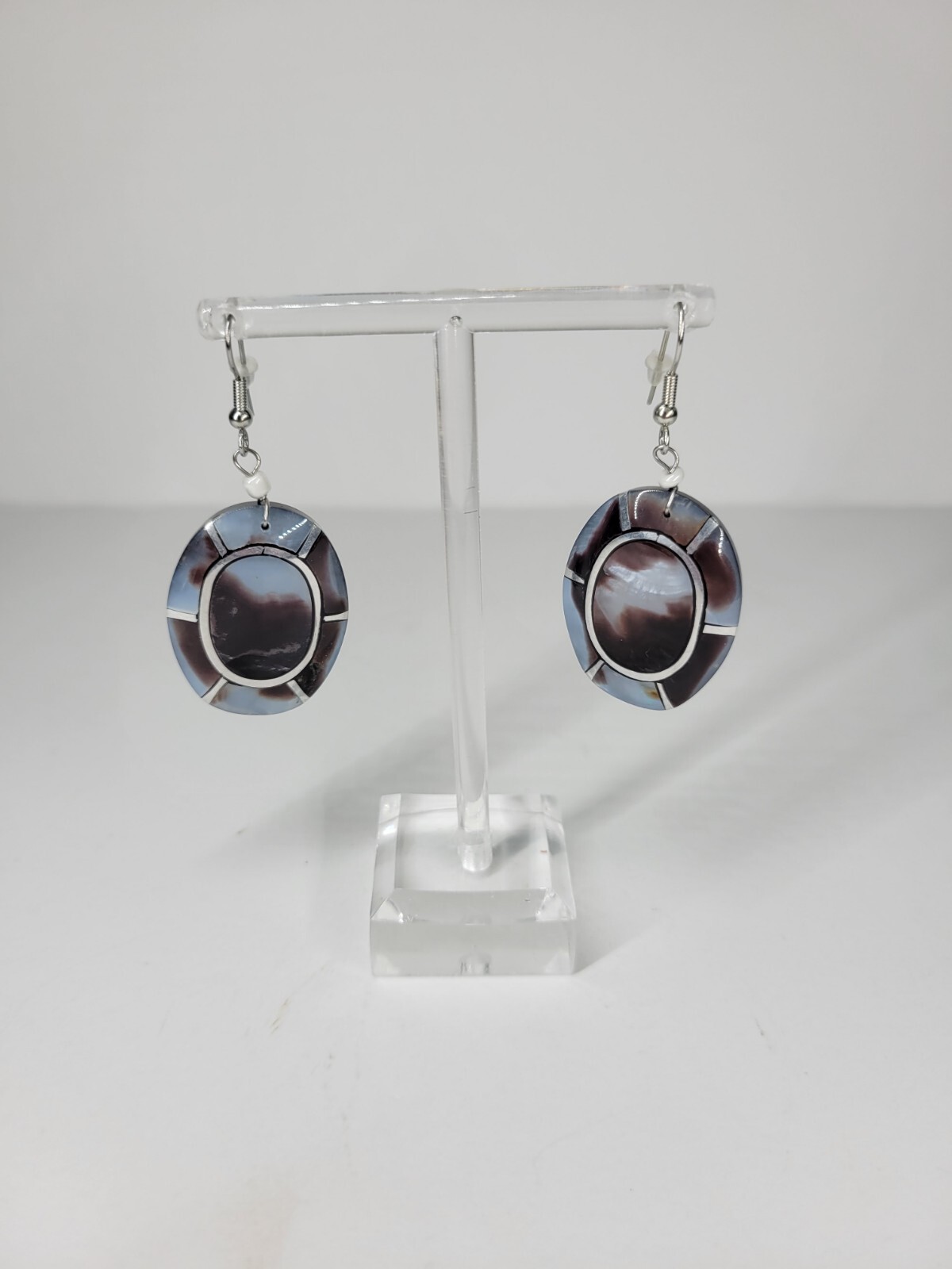 Shell and Metal Mosaic Acrylic Inlay Lee Sands Style Dangle Pierced Earrings