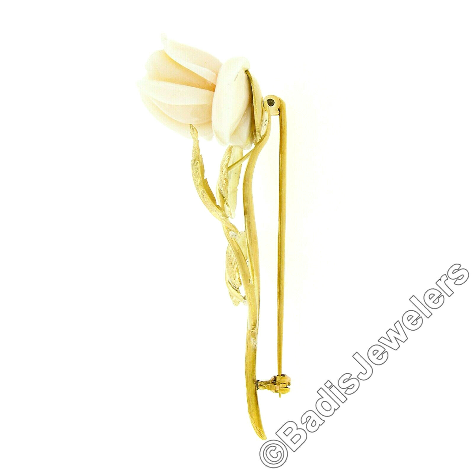 Vintage 18K Gold Carved Angel Skin Coral Rose Flower Hand Finish Leaves Brooch
