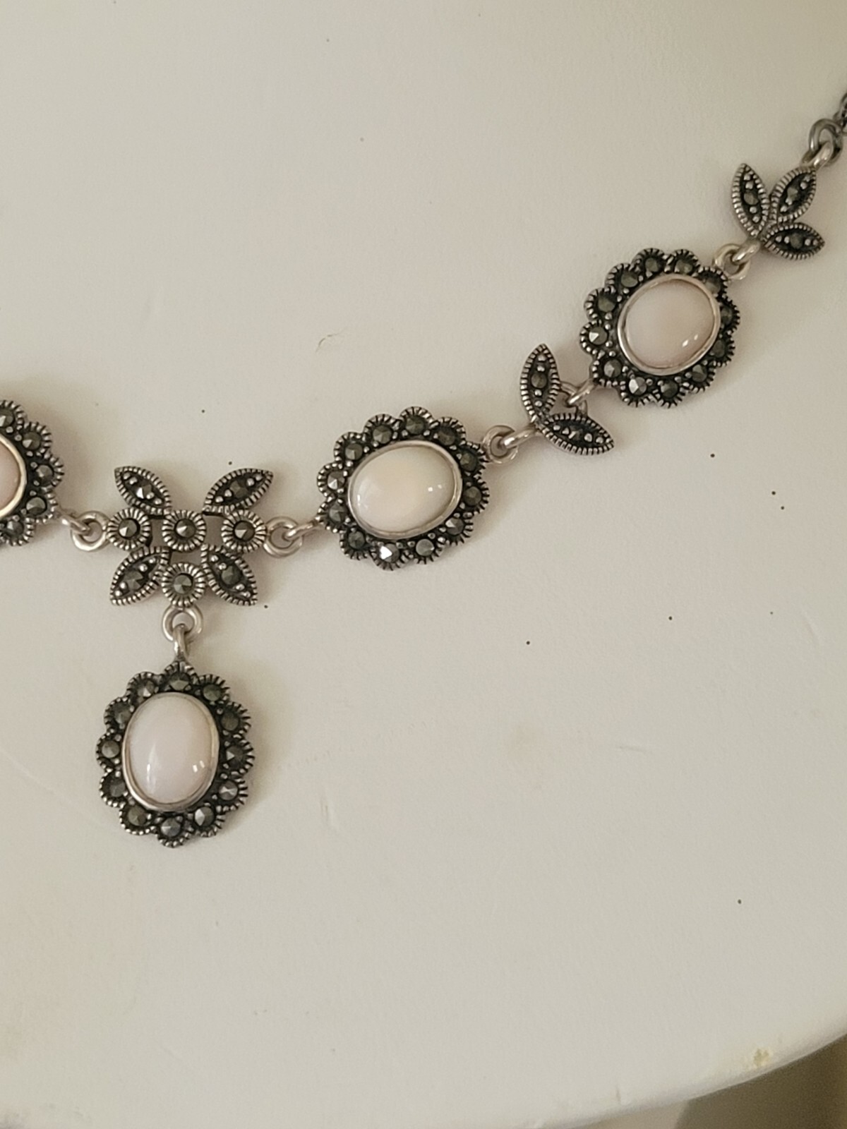 Edwardian/Victorian Style Sterling/Marcasite/ Angel Skin Coral Station Necklace