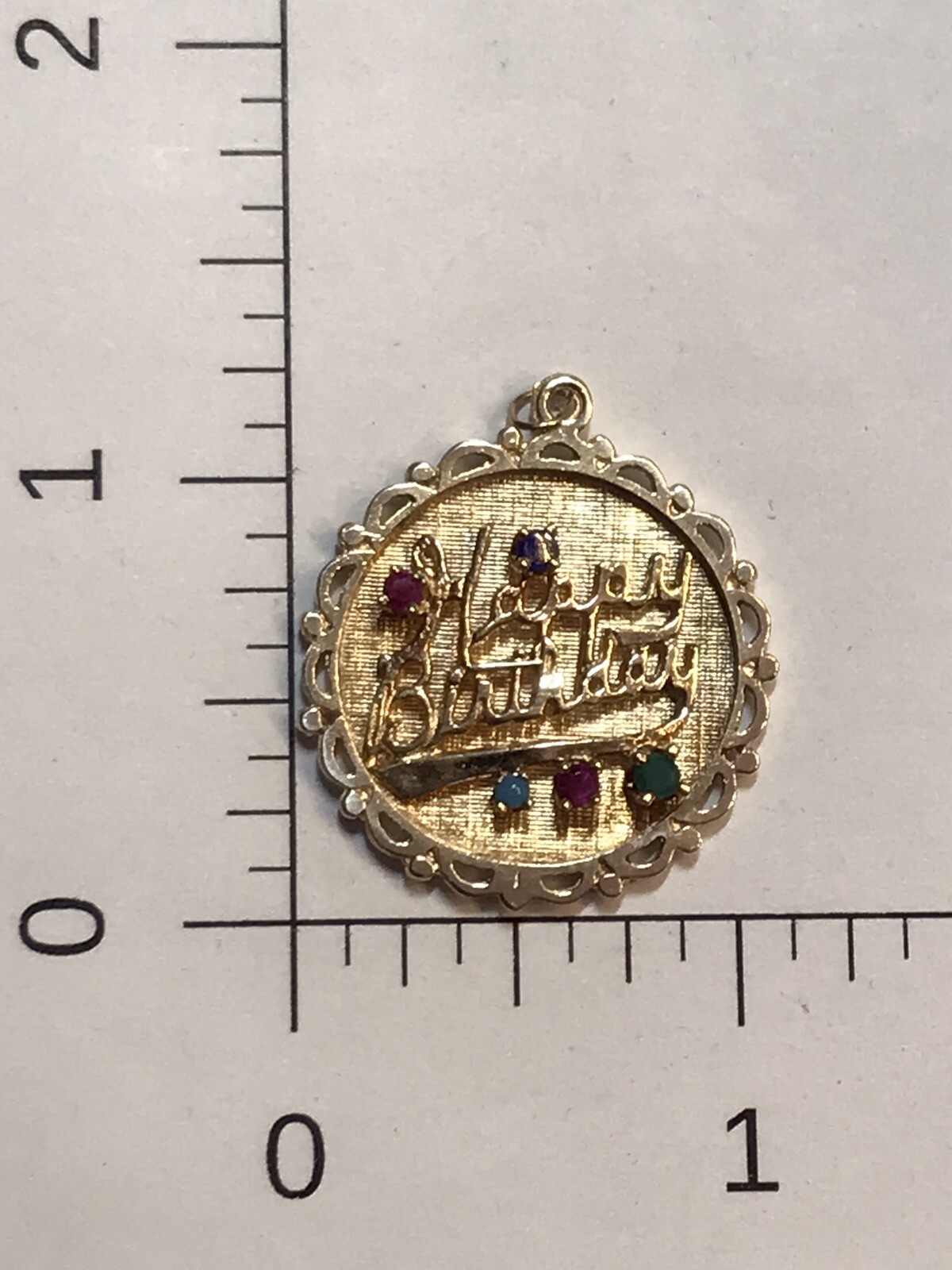 VINTAGE 14K Yellow Gold Heavy “Happy Birthday” Multi Gem Charm 5.3 Grams, 27mm